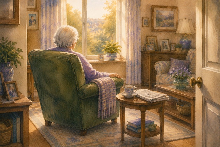 An older adult seated in a worn green armchair looking out a window in late-afternoon light with tea and a folded newspaper on a side table