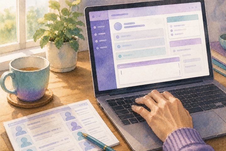 A close-up of a hand at a laptop showing a care-plan editor with a note being typed and a printed family contact card beside the laptop in soft daylight