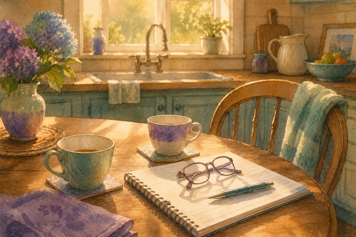 A quiet kitchen table in late afternoon light with two cups of tea, an open notebook with a pen across it, and reading glasses on top