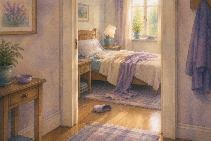 A home bedroom doorway seen from the hallway with a trailing blanket, a tilted slipper near the floor, and a slightly tilted bedside lamp in morning light