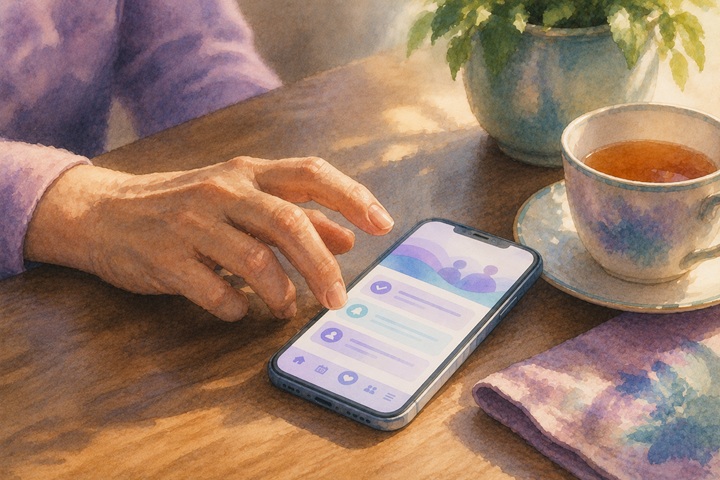 A hand reaching toward a phone resting face up beside a cup of tea on a wooden table in soft afternoon light