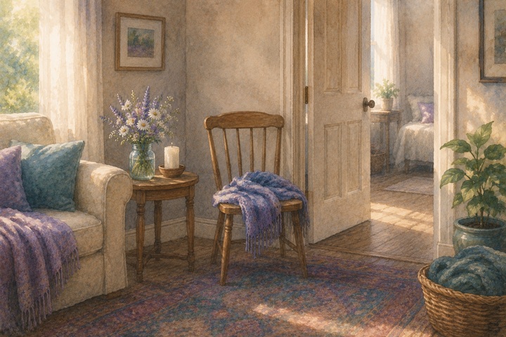 A wooden chair pulled near a partly closed door in a quiet sitting room, a folded shawl across the seat, a side table beside it with a small jar of wildflowers and an unlit candle