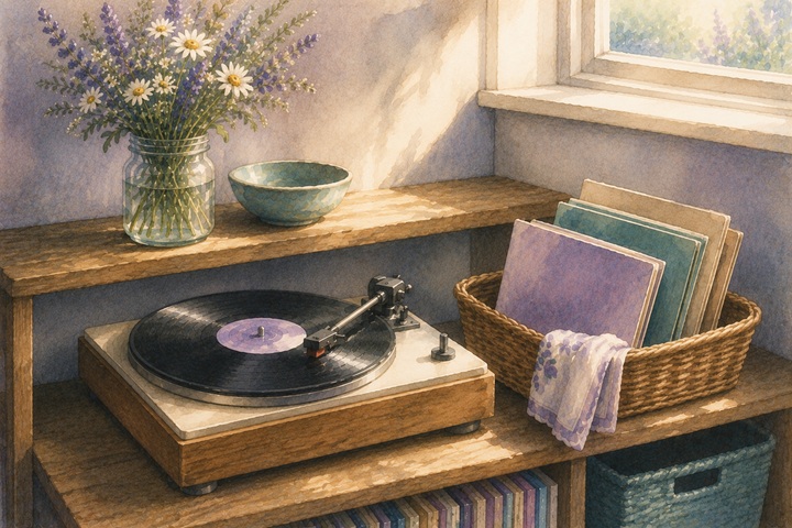 A turntable on a wooden shelf with the tone arm carefully placed on a record, a wicker basket of three more records beside it, a small jar of wildflowers above