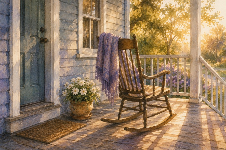 A quiet home porch at late afternoon with a single rocking chair angled toward the railing, a folded woollen shawl on the back, and a small clay pot of white flowers beside it