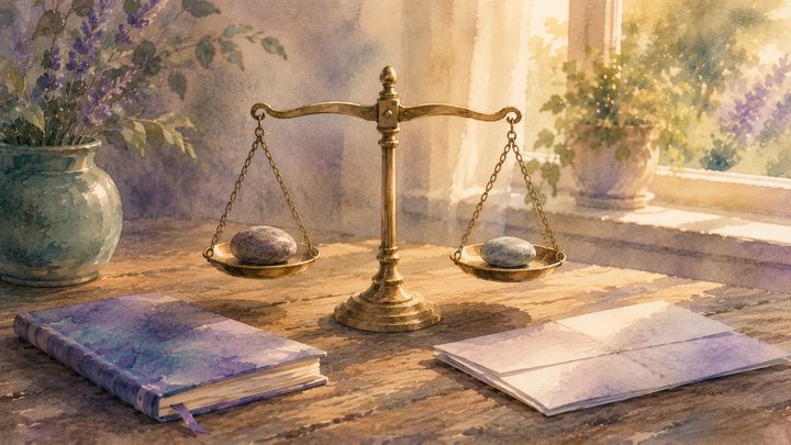 Small brass balance scale on a wooden table by a window, two stones in equal balance