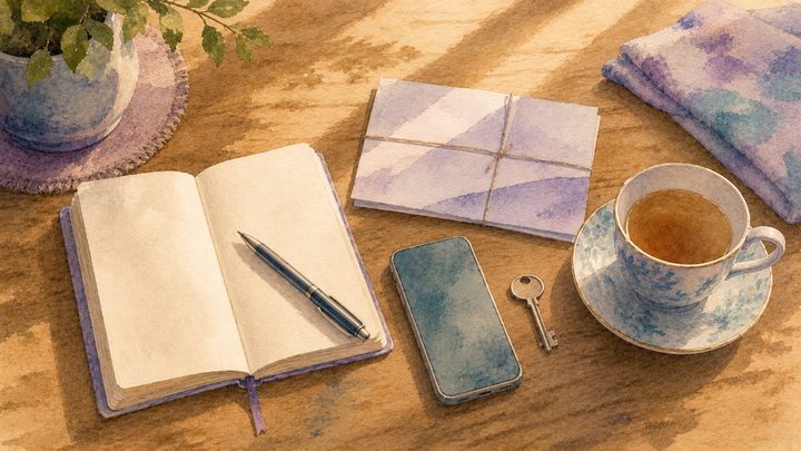 Wooden table at quiet afternoon, open notebook, teacup, folded letter and a single house key