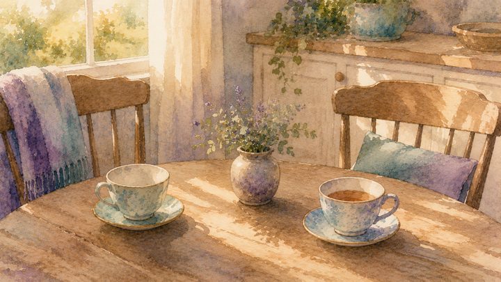Two wooden chairs pulled close at a kitchen table, two teacups in late afternoon light