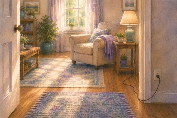 A bright living room seen from the doorway with a loose threshold rug, a lamp cord across the floor, and morning light through the curtains