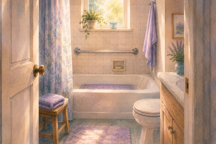 A small home bathroom seen from the doorway with a grab bar mounted on the tiled wall, a non-slip mat in the tub, and a folded towel on a wooden stool