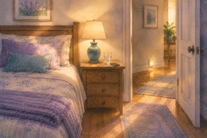 A bedroom corner with a neatly made bed, a bedside table holding water, a lamp, and a phone, and a small night-light glowing at the baseboard near an open doorway
