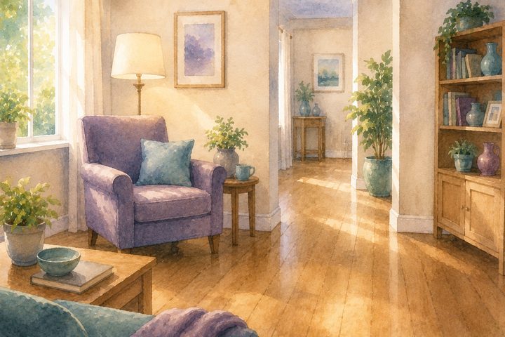 A tidy sunlit living room with a sturdy armchair, a glowing floor lamp, and a clear walking path free of loose rugs and cords