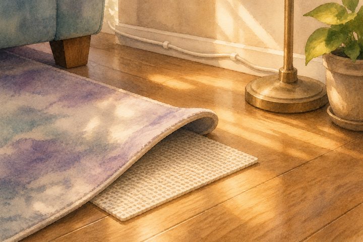 A hand smoothing a non-slip pad under the corner of a living-room rug, with a lamp cord neatly run along the skirting board