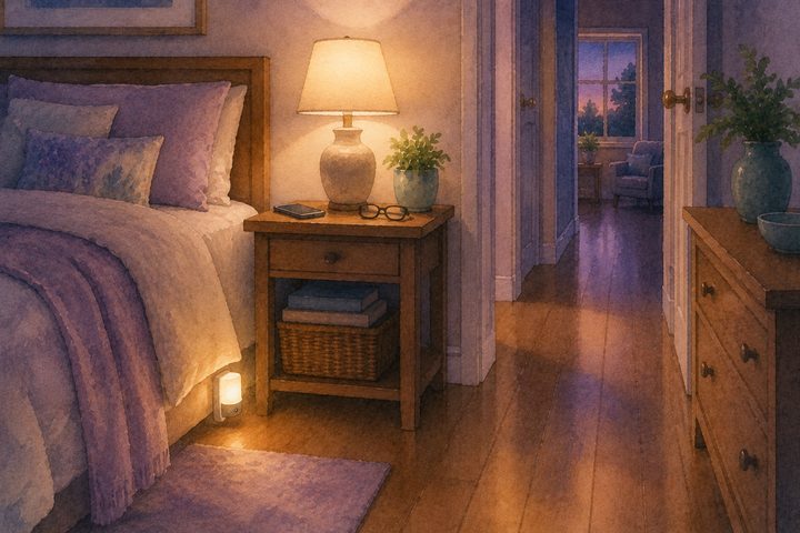 A peaceful bedroom at dusk with a glowing night light, a bedside table holding a lamp, phone, and glasses, and a clear floor leading to an open doorway