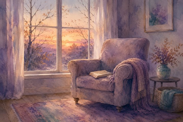 An empty armchair by a window at dusk with a folded throw and a half-read book, autumn light fading outside, watercolour