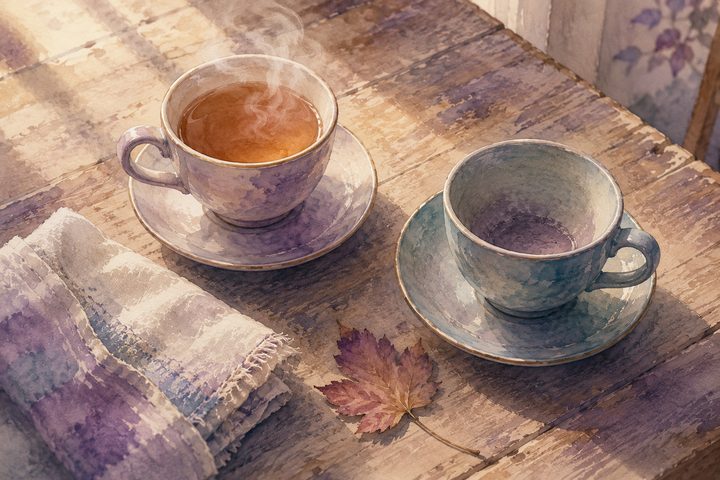 Two teacups on a wooden table, one full and steaming and one untouched and cold, a pressed leaf nearby in soft morning light, watercolour