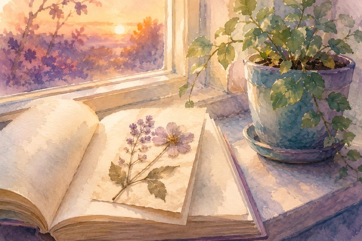 A pressed flower kept between the pages of an open book on a windowsill, a small green plant beside it in soft evening light, watercolour