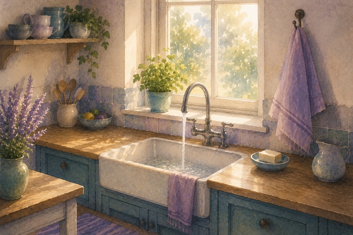 A home kitchen sink with a bar of soap in a dish, a folded hand towel on a hook above, and a potted herb in morning light on the sill
