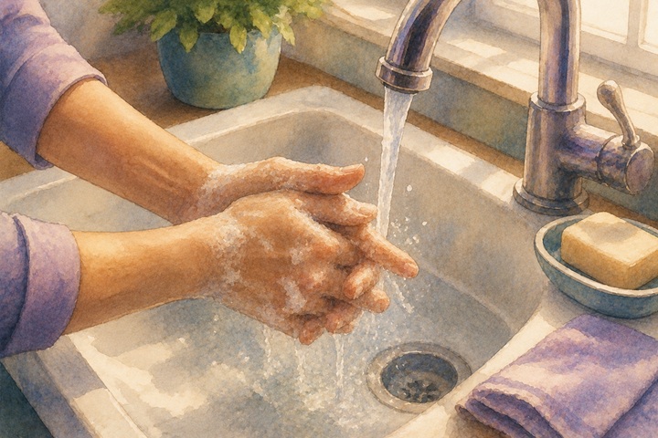 Two hands lathered with soap interlacing fingers under a kitchen tap with water flowing gently