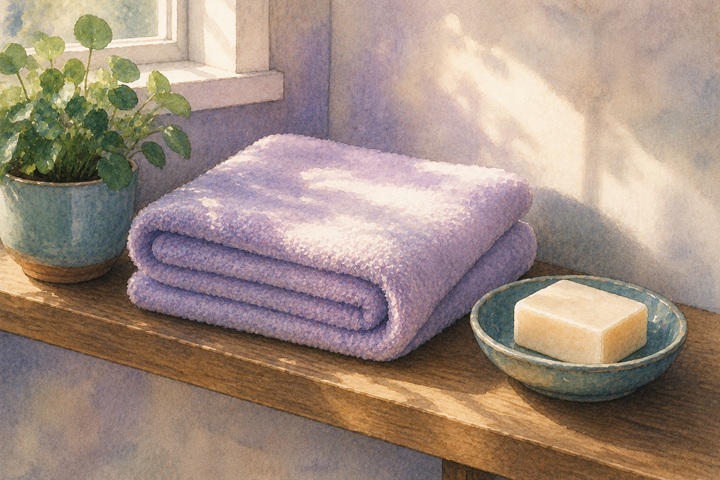 A folded clean towel and a fresh bar of soap on a wooden bathroom shelf beside a small potted plant in soft daylight