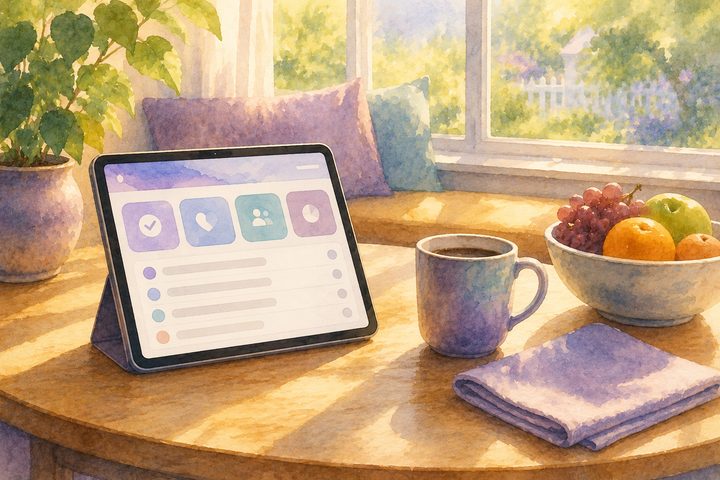A sunny breakfast nook with a tablet propped in a stand showing a calm dashboard of summary cards, a morning coffee beside it, watercolour