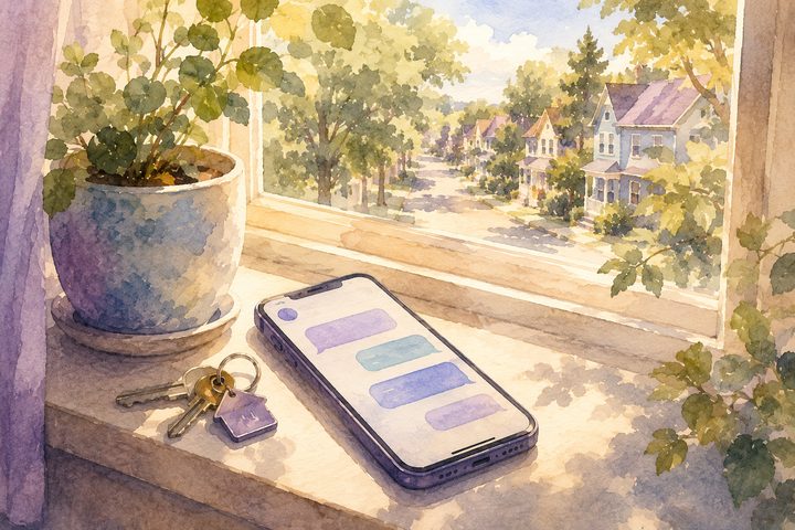 A phone on a sunny windowsill showing a gentle message thread, with a plant and house keys beside it, watercolour