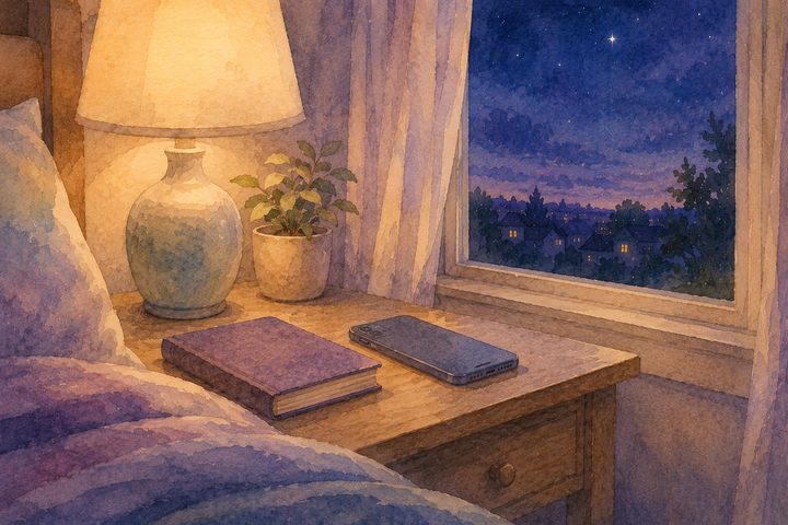 A quiet nightstand with a face-down phone, a softly lit lamp, and a closed book, a peaceful night sky beyond the window, watercolour
