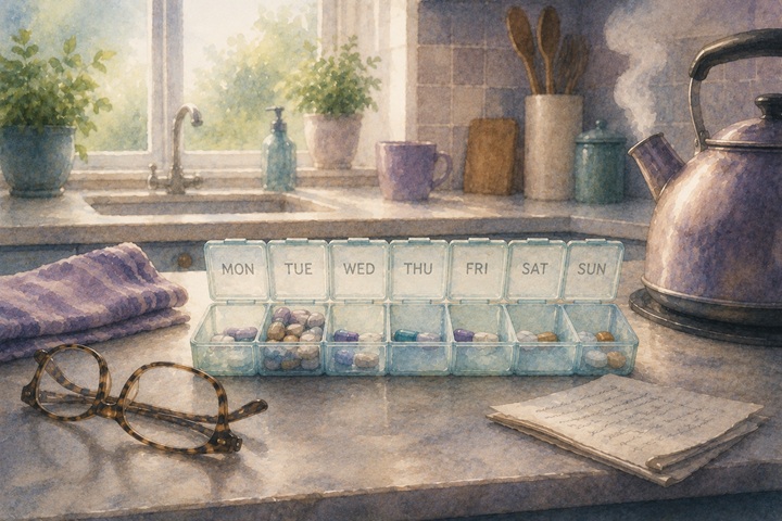 An open weekly pill organizer on a sunlit kitchen counter with the Tuesday slot still full, beside reading glasses and a steaming kettle