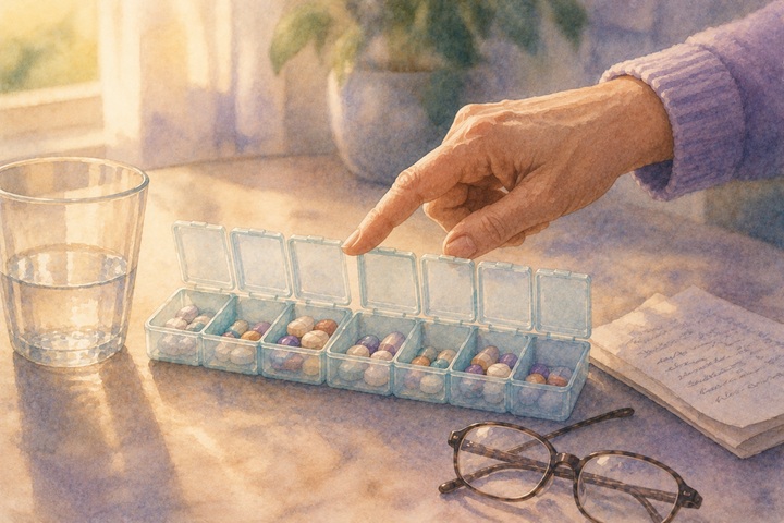 A hand points at a full Tuesday compartment of an open weekly pill organizer beside a half-finished water glass on a sunlit counter