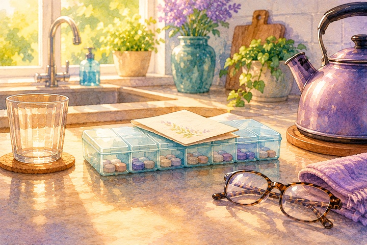 A closed pill organizer rests on a sunlit kitchen counter beside an empty water glass and a warm kettle at the end of a visit