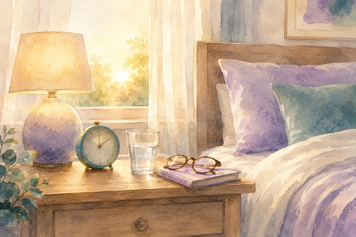 A small alarm clock, a glass of water, and reading glasses on a bedside nightstand by a softly lit window in early morning, watercolour