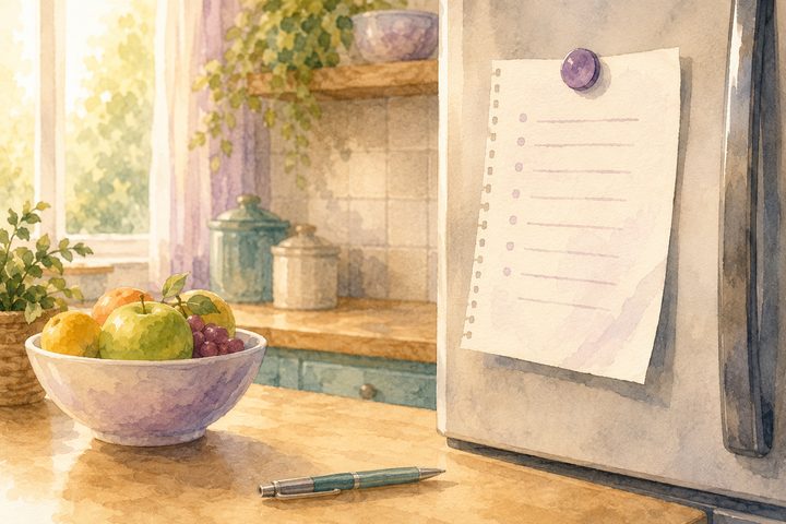 A handwritten medicine list held by a magnet on a fridge door with a pen on the counter below, watercolour