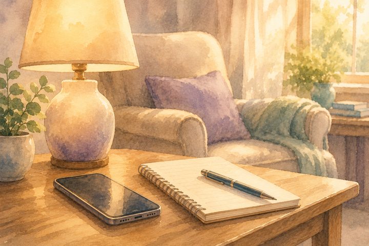A phone, notepad, and pen on a side table beside a warm lamp in a quiet living room at late afternoon, watercolour