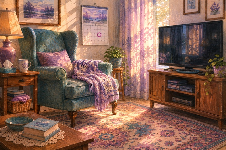 A wing-back armchair facing a switched-off television in a dim living room, a crocheted blanket bunched on the seat, a wall calendar with one date circled beside it