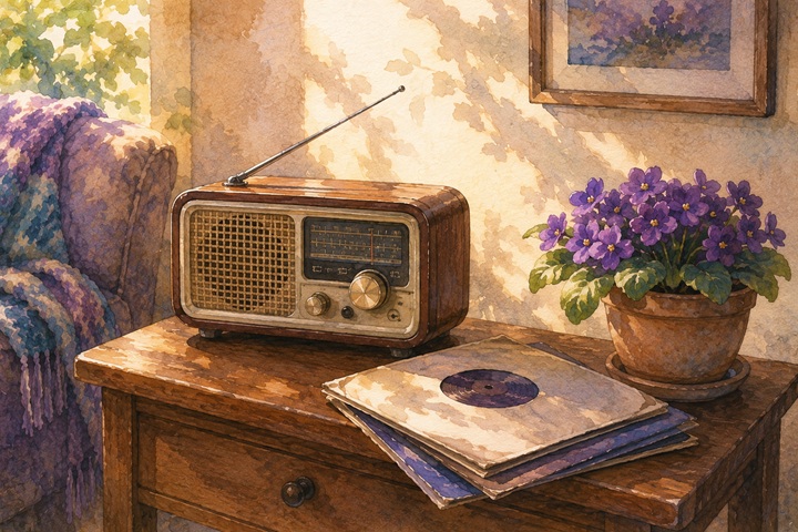 A small radio playing quietly on a sunlit side table beside a stack of three records in paper sleeves and a clay pot of violet flowers