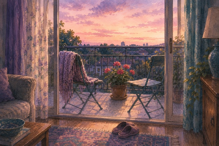 A balcony at dusk seen through an open sliding door with two folding chairs facing a geranium, a shawl on one chair, slippers at the threshold, rose and lavender sky beyond