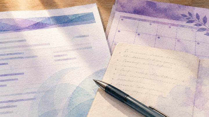 A printed clinical discharge summary and a handwritten advocate note rest side by side on a desk, a pen across the join between them