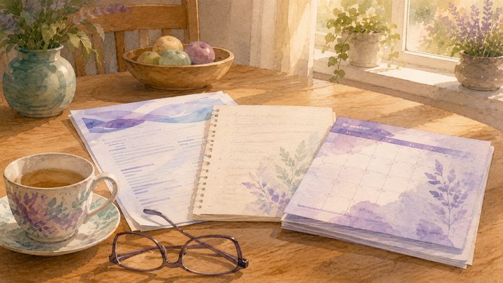 A kitchen table at home holds a clinical letter, a handwritten advocate note, and a community calendar laid side by side, with a teacup and reading glasses at the front edge