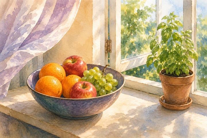 A fruit bowl of oranges, apples, and grapes on a sunlit windowsill beside a small herb plant, a thin curtain stirring in the breeze
