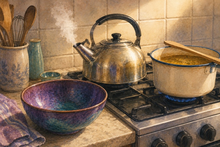A stovetop with a kettle just steaming, a saucepan of warm broth, and a deep ceramic bowl ready on the counter beside a wooden spoon