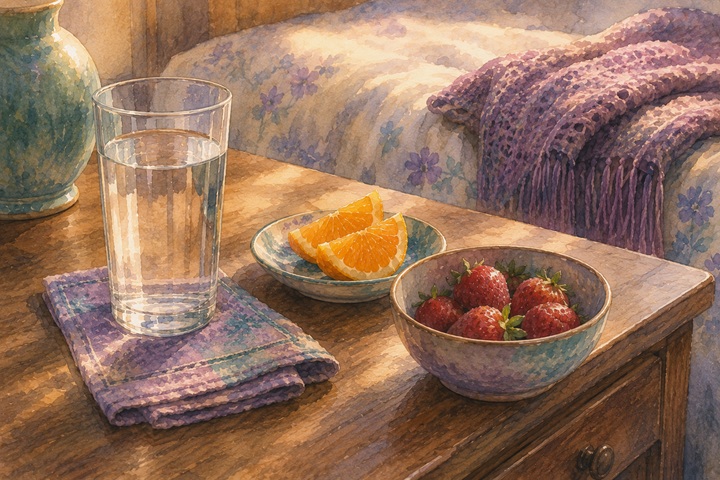 A bedside table at late afternoon with a tall water glass on a cloth coaster, a saucer of orange slices, and a bowl of strawberries beside a folded shawl