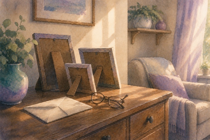 A quiet living room bureau with framed photographs turned to face the wall, a folded letter, and reading glasses in warm afternoon light