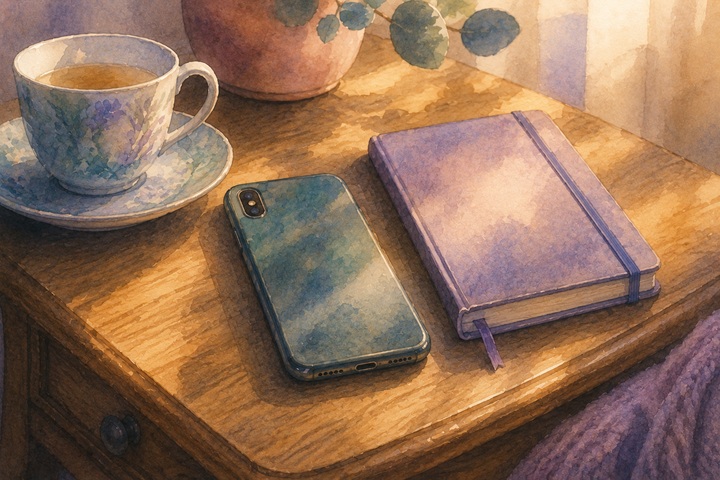 A phone face down on a wooden side table beside a teacup and a closed notebook, in calm late-day light