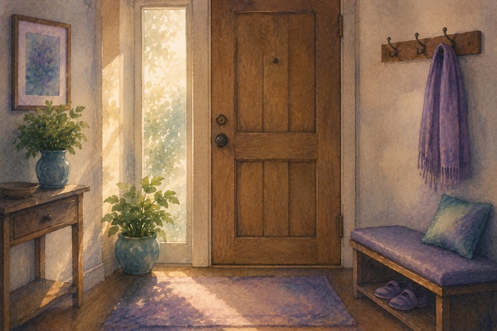 A wooden front door from the inside with a folded scarf on a coat rack and house slippers beneath a bench, in soft afternoon light