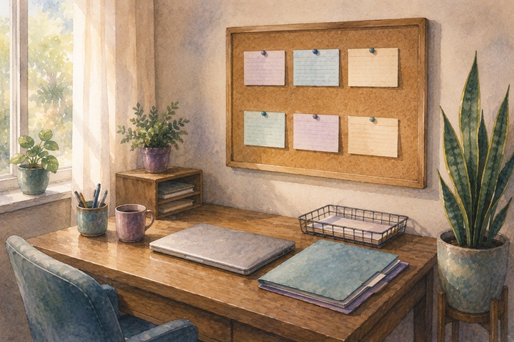 A small home study with a closed laptop on a wooden desk, a tidy stack of folders, and a bulletin board above with index cards in two clearly separated rows
