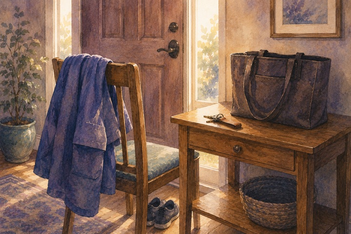 A folded uniform jacket draped over a wooden chair beside a small hallway table, street shoes lined up beneath, a house key and closed work tote on the table, the front door behind