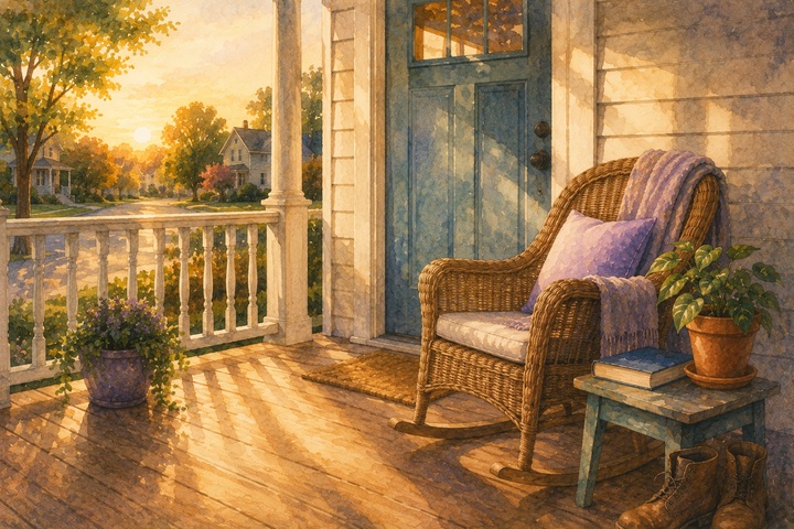 A small home porch at golden hour with a wicker rocking chair beside a side table holding a closed paperback and a potted plant, worn boots beside the rocker, the front door closed behind