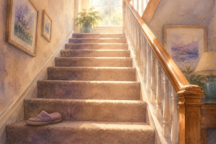 Looking up a carpeted staircase from the bottom step, the wooden handrail lit by a landing window and a single slipper resting on a lower tread, where small changes in how a parent moves first show