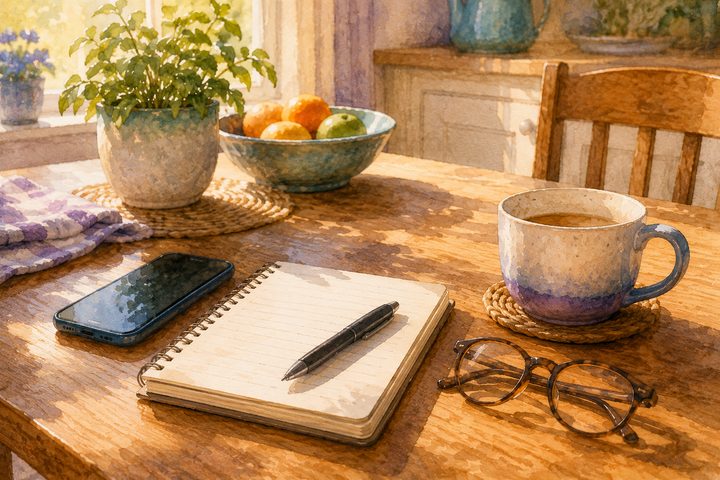 A kitchen table at midday with a phone, an open notebook and pen, reading glasses, and a cup of tea, a family member pausing to note what they noticed