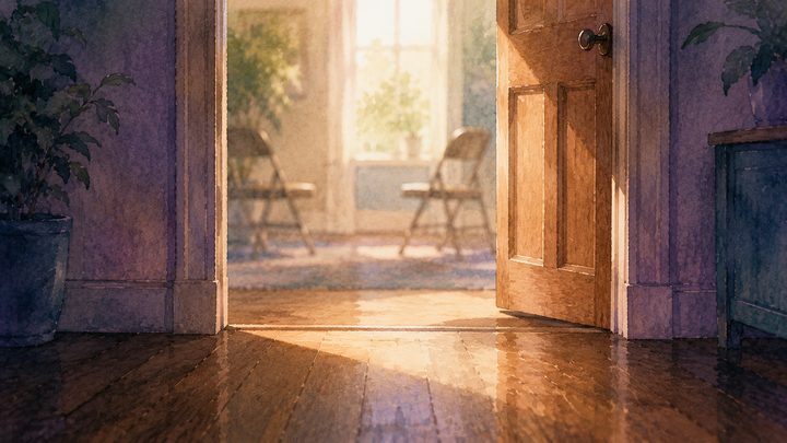 Low-angle wide of an open community-room doorway with morning light spilling across the threshold onto a wooden floor