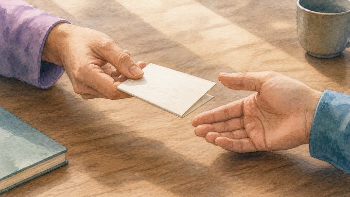Close-up at midday of two hands meeting across a wooden table to pass a small folded index card